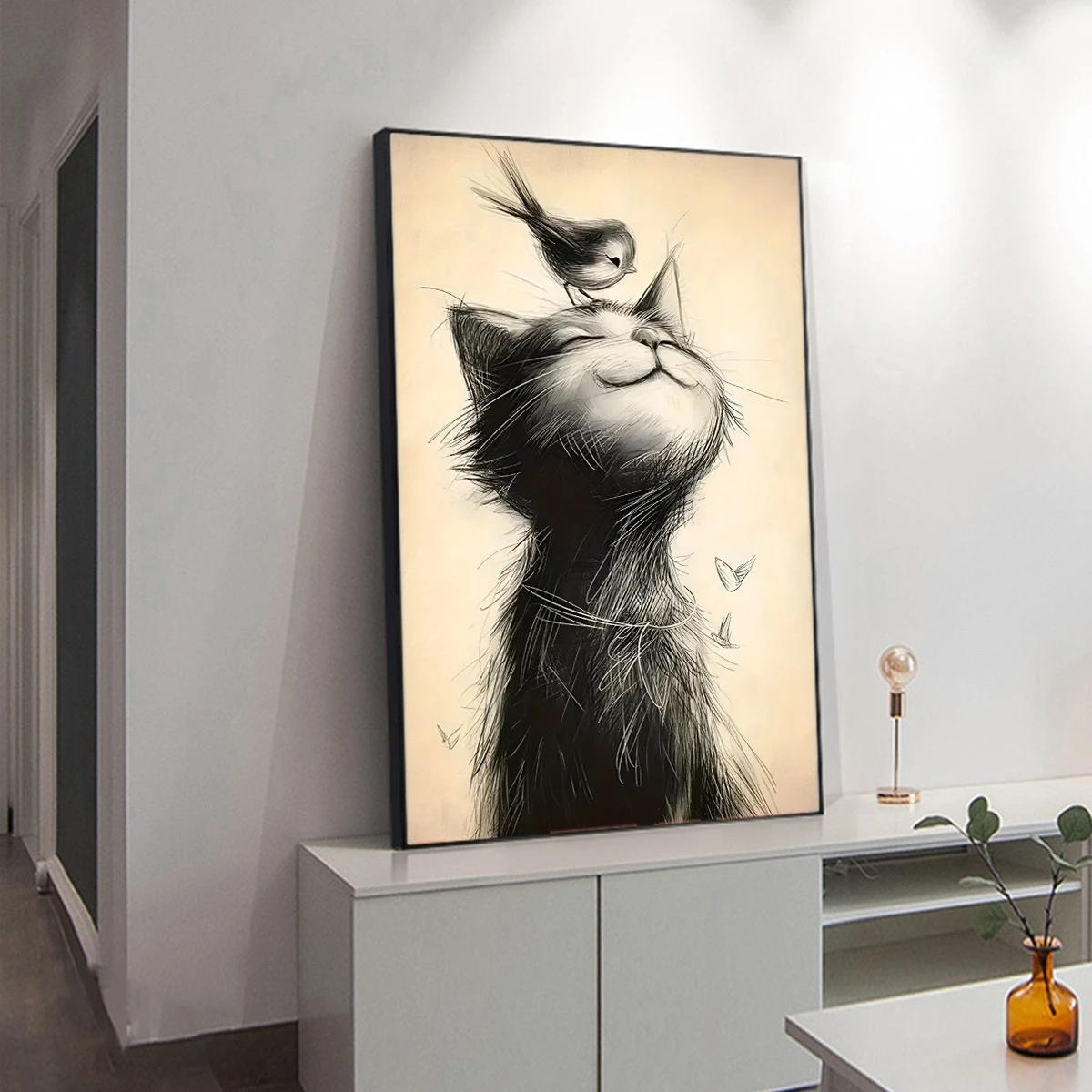 Funny Cat and Bird Friendship Poster Prints Abstract Animal Art Canvas Painting Wall Art Picture for Living Room Home Decor Gift