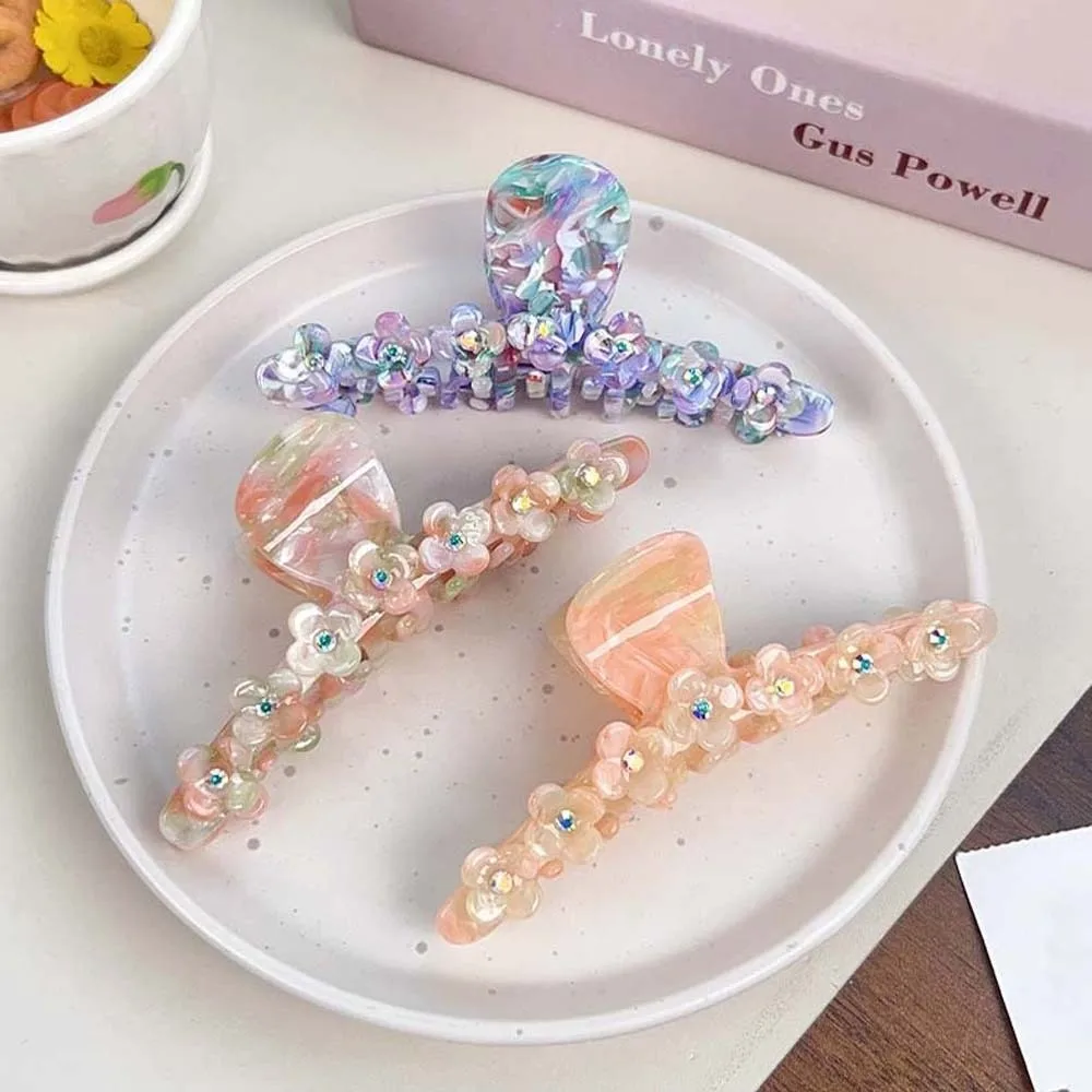 

Elegant Flower Hair Claw Gradient Color Rhinestone Straight Line Shaped Shark Clip Headwear Waterproof Acetic Acid Hair Claw