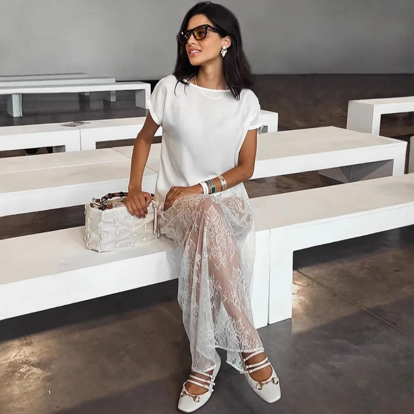 

Сексуальная кружевная прозрачная юбка с белой вышивкой, универсальная, подходит ко всему, весенняя новинка, H-образная, со средней талией, из смесового хлопка