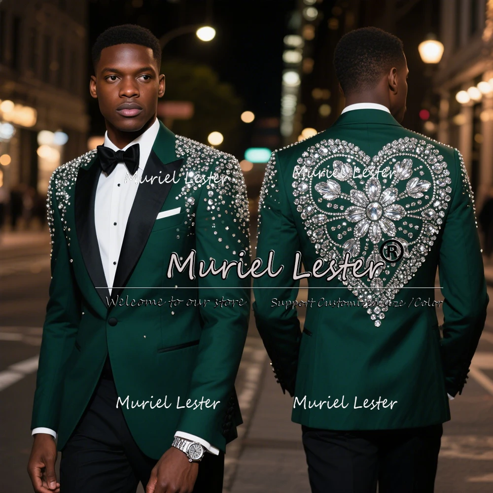 

Customized Diamond Men Suits Shawl Lapel Groom Tuxedos Wedding Beaded Prom Blazers Pants Outfit 2 Pieces Sets Costume Homme 2026
