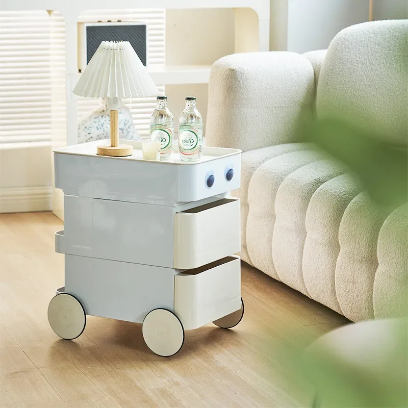 Designer Movable Nightstand Bedside Cabinet - Modern Push Cart Storage Unit for Small Spaces Compact Bedroom Organizer