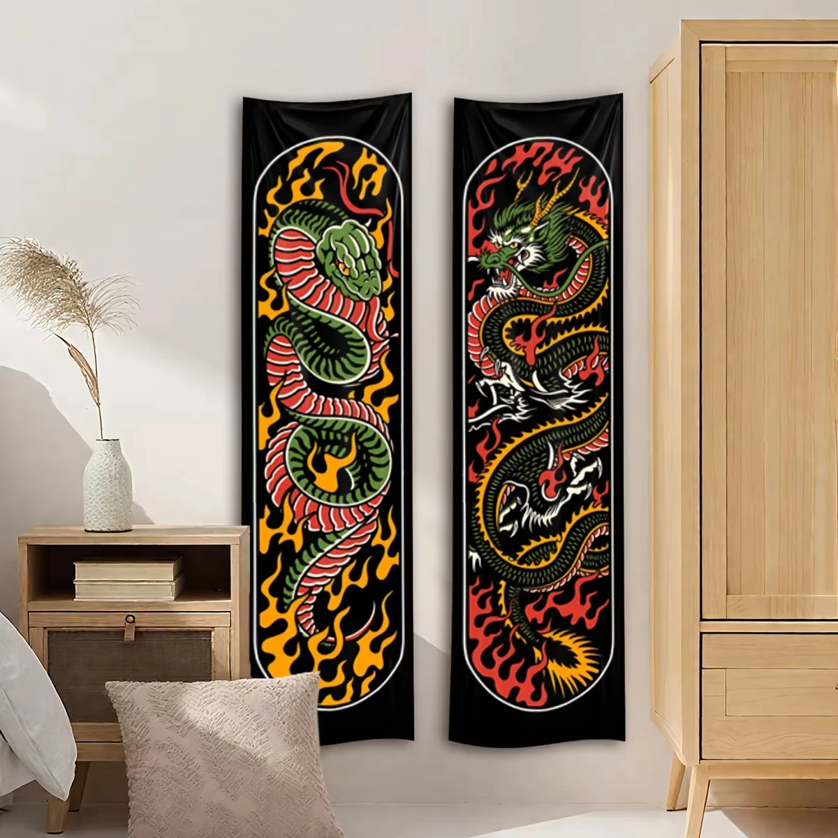Black Flaming Serpent Vertical Tapestry Wall Decoration Traditional Mythological Animal Totem Tapestry Aesthetics Tapestry
