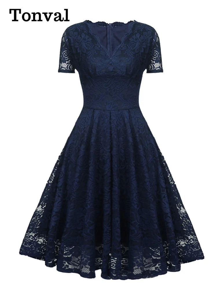 Tonval V-Neck High Waist Lace Elegant Party Vintage Midi Dresses for Women 2022 Short Sleeve Summer Style Pleated Swing Dress