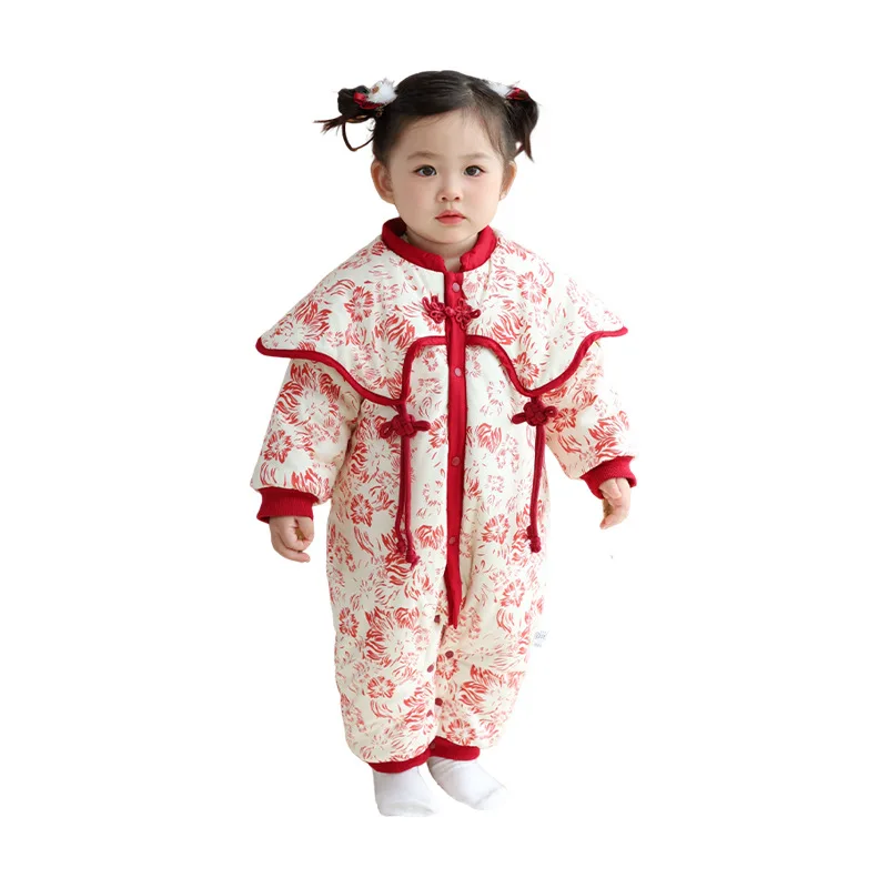 

2025 Red Festive Baby Winter Outfit Stylish Chinese Style Jumpsuit Baby Cotton Jacket winter Chinese New Year outdoor wear out