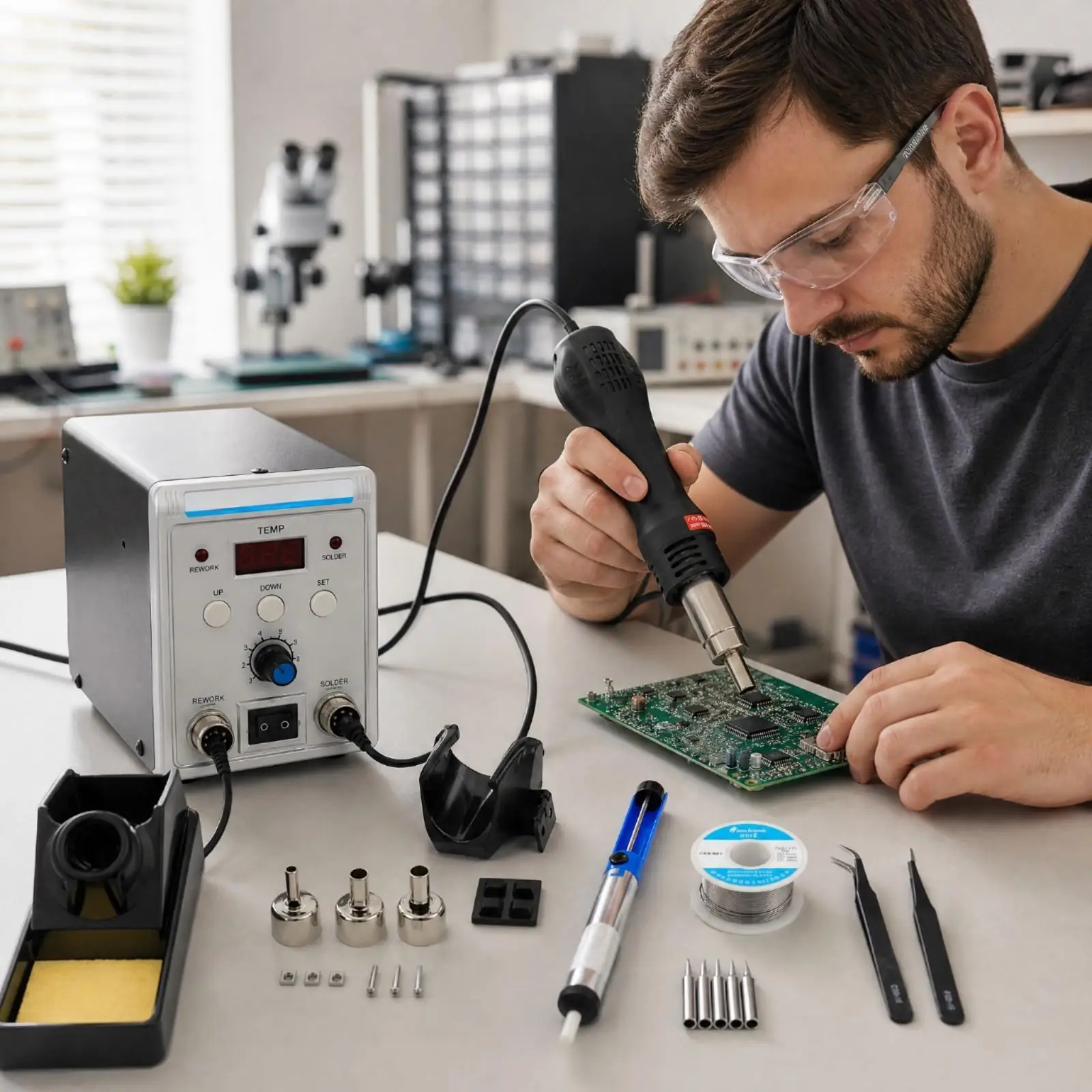 2-in-1 Soldering Rework Station Automatic Cooling 8586 Corded 2-in-1 Rework Station Adjustable Temperature Overheat Protection