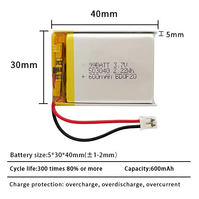 1-10pcs 3.7V 600mAh 603040 503040 Rechargeable Li-Po Battery, Lithium Polymer Ion Pack for Dash Cam, Bluetooth Speaker, GPS view 3