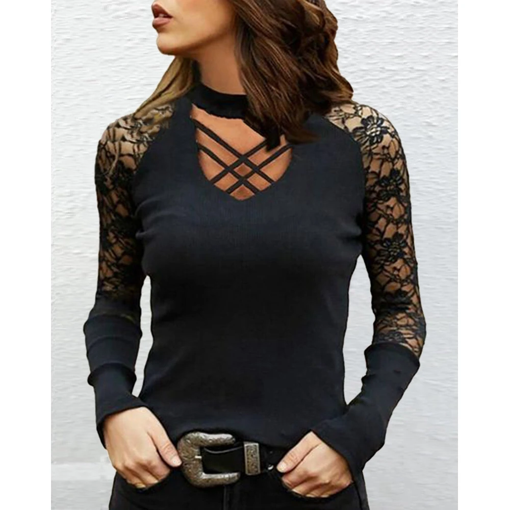 

Fashion Tops for Women Contrast Lace Long Sleeve O Neck Cut out Blouse Top y2k Streetwear Spring Femme Casual tshirts Top Sexys