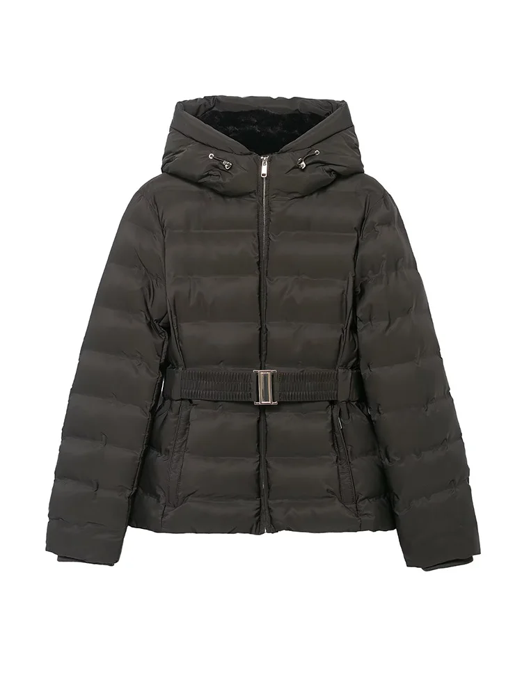 HH Women Winter Warm Windproof Hooded Thick Jacket Slim Casual Short Coats Woman Fashion Long Sleeves Belt Zipper Loose Outwear