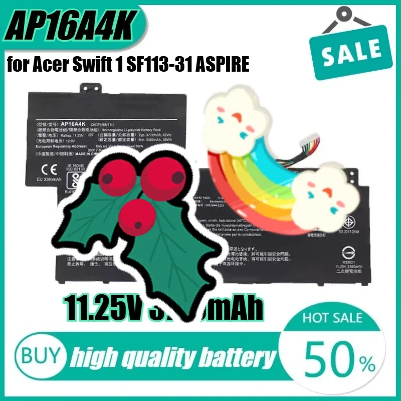 

11,25 В, 42 Втч, 3770 мАч, AP16A4K, аккумулятор для ноутбука Acer Swift 1 SF113-31 ASPIRE N16Q9 AO1-132