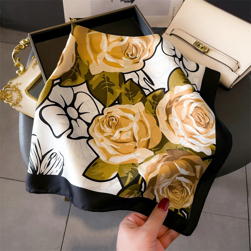 Spring/Summer Rose Print Neck Scarf Outdoor Decoration Wrap for Women Breathable 70*70cm Imitation Silk Square Scarf