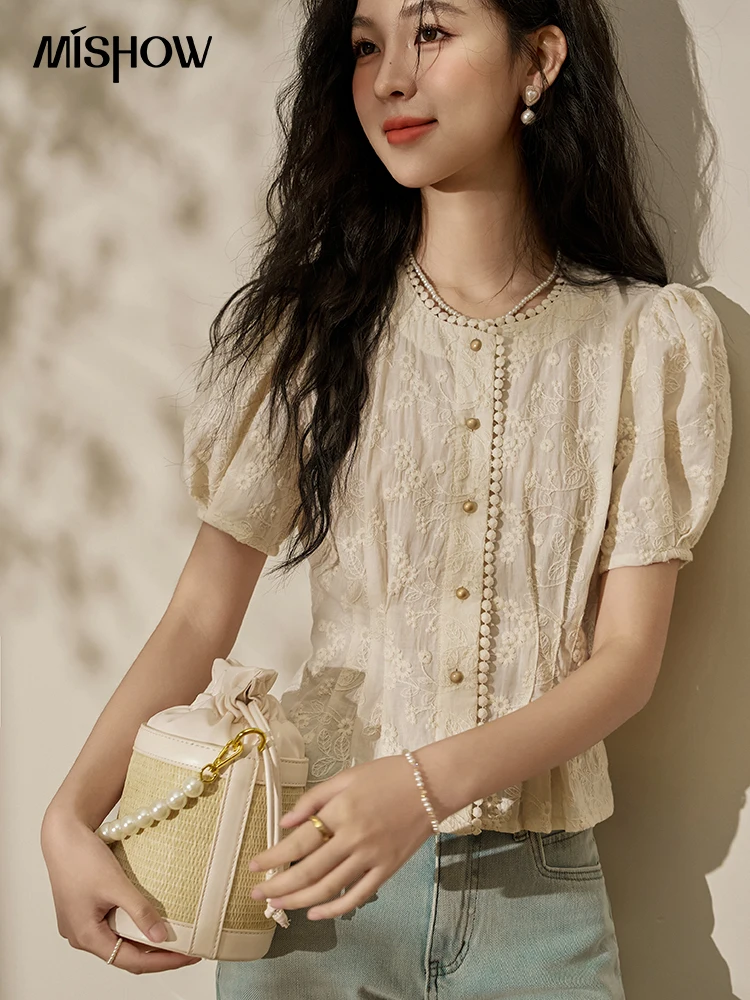 MISHOW Embroidered Lace V-neck Short Sleeve Shirt for Women 2024 Summer 100 Cotton French Bubble Sleeve Short Tops MXD24X1410