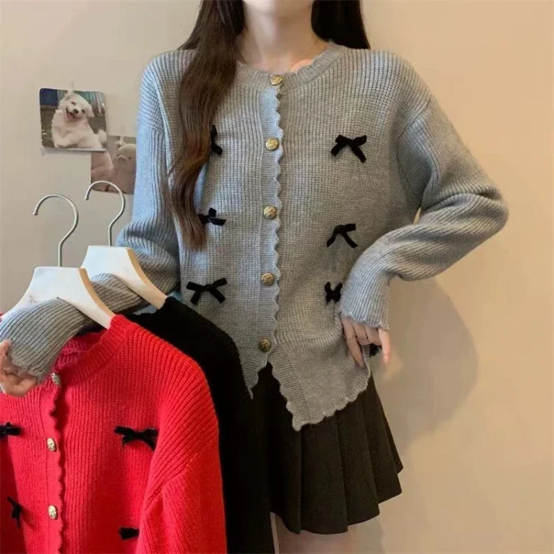 Spring Autumn Women Cardigan Long Sleeved Sweater Laziness Interior Solid Color Bow Decoration