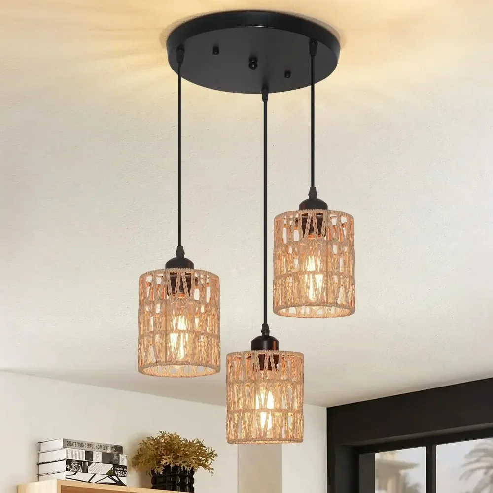 JOYINLED 2 Pack 3-Light Boho Rattan Wicker Suspension Pendant Lamp for Coffee Shop, Corridor, Boutique, Kitchen, Hotel Lobby