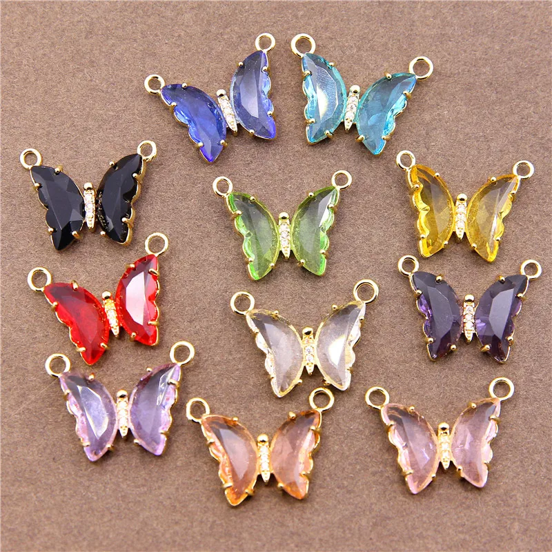 2pcs Copper plated 14K Gold crystal glass zircon double hanging Butterfly Pendant DIY Earring Necklace accessories material