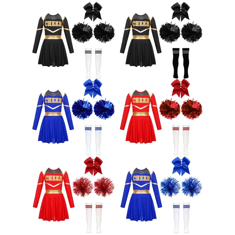 Costumes de pom-pom girl pour enfants, uniforme à manches longues, robe de danse avec fleurs à la main, vêtements de sauna, chaussettes rayées pour la performance sur scène