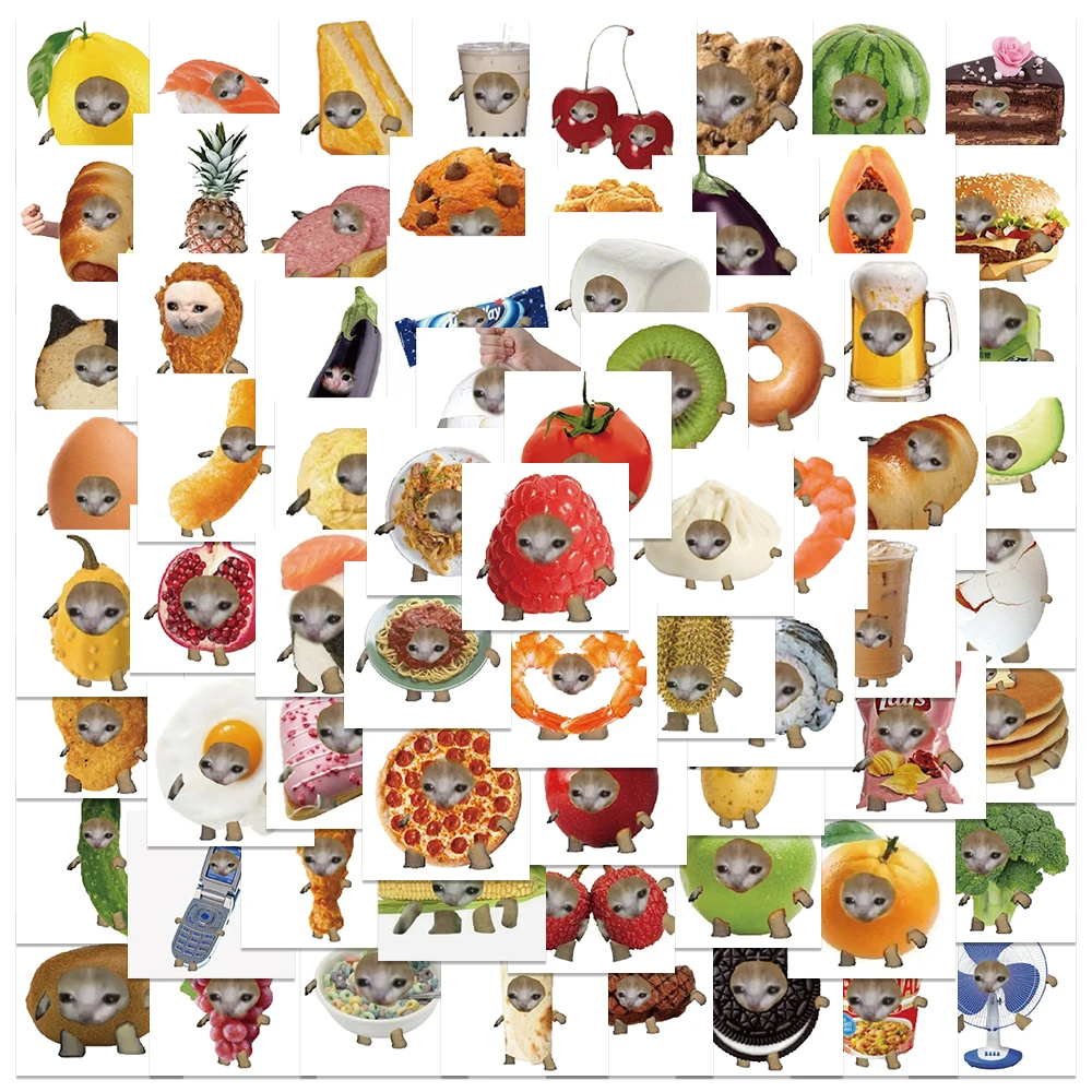 

69pcs Cute Cartoon Cats With Food Stickers Decals For Phone Laptop Luggage Skateboard Refrigerator Aesthetic Waterproof Stickers