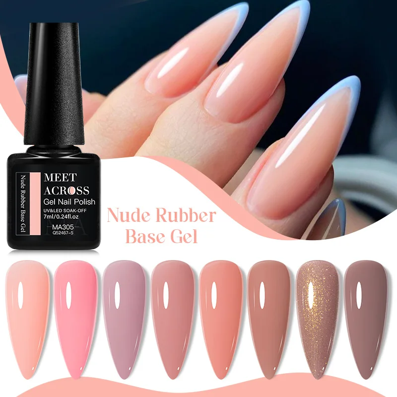 MEET ACROSS 7ml Rubber Base Nail Gel Polish Nude Milky White DIY Nail Art Soak Off Gel Polish Semi Permanent Painting UV Vernis