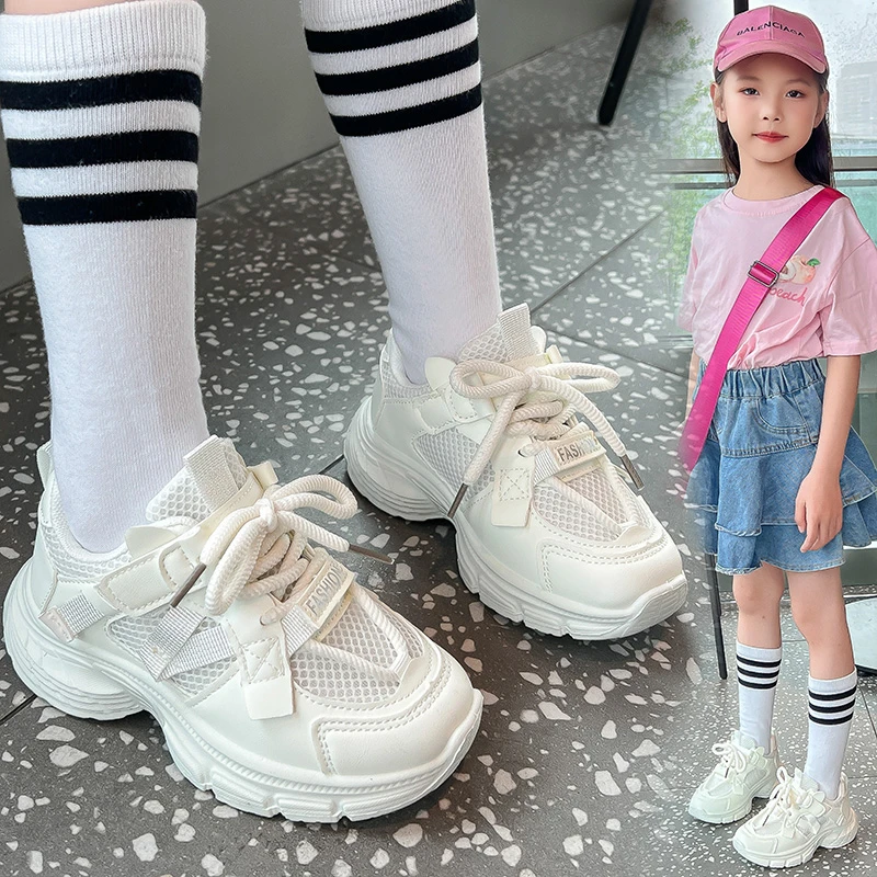 

New Children Sports Shoes Girls Sneaker White Black Mesh Breathable Summer Kids Thick Sole Casual Shoes Boys Running Tennis Shoe