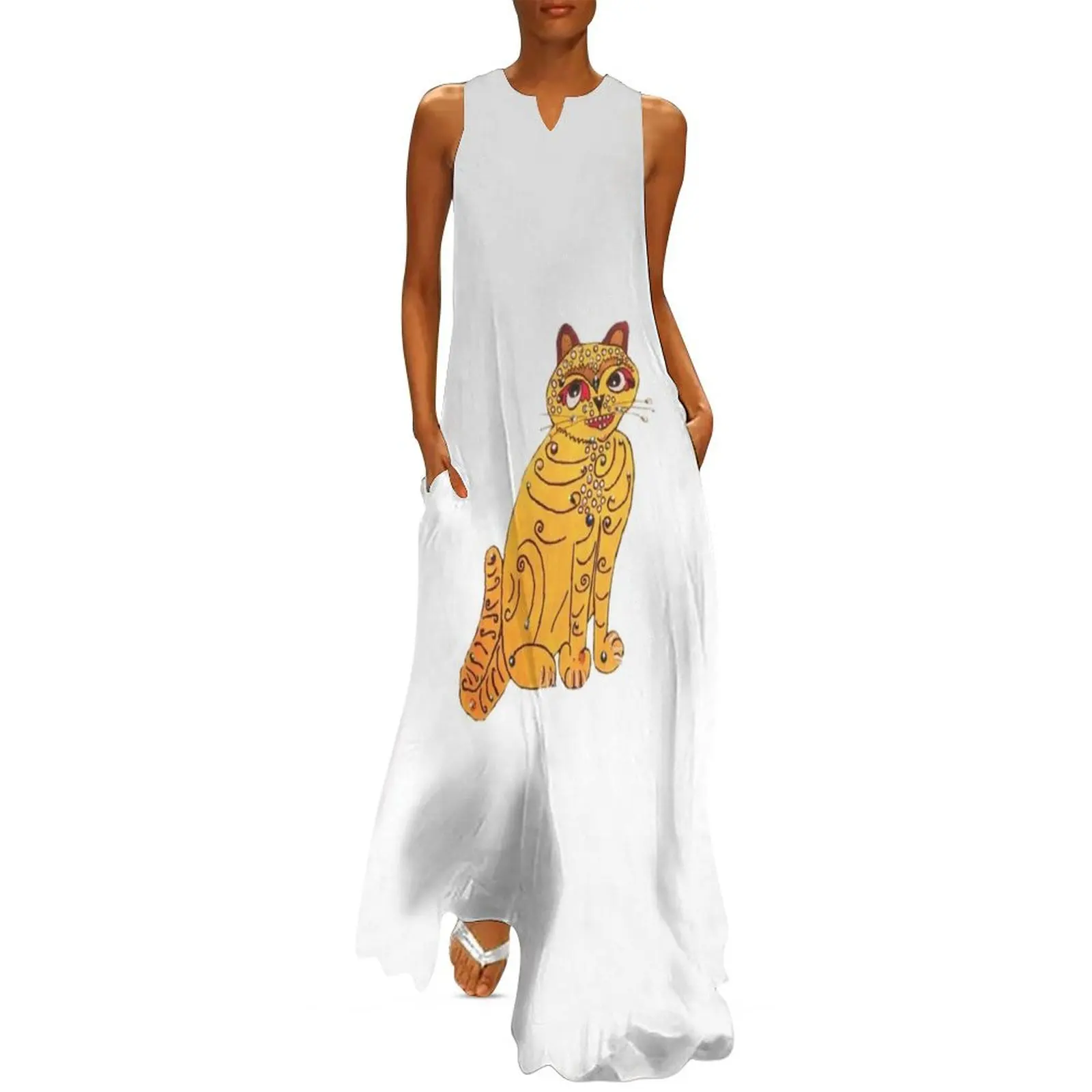 

Yellow cat Long Dress evening dresses ladies Woman fashion Dress