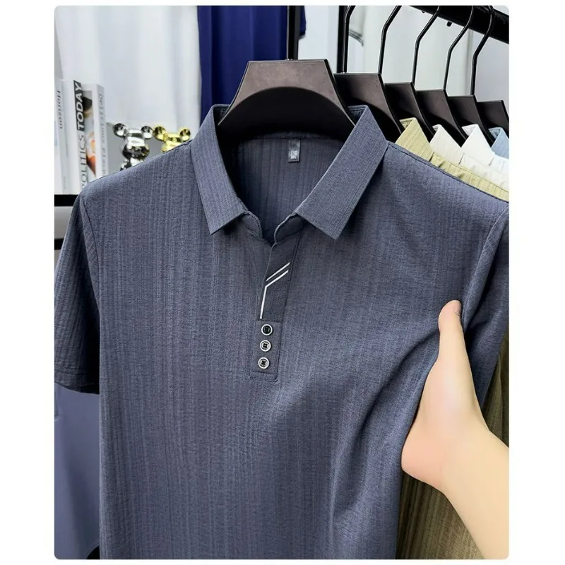 New High-end Men's Summer Short-sleeved T-shirts with Mulberry Silk Casual Thin Lapel POLO Shirts for Young and Middle-aged Men