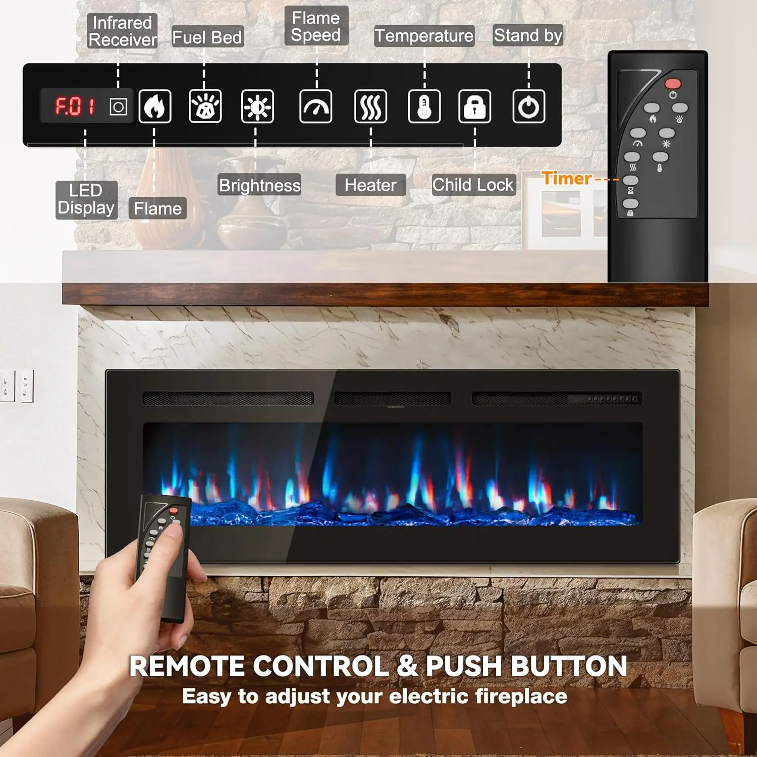 60 inch Electric Fireplace in-Wall Recessed and Wall Mounted with Remote Control, 1500/750W Fireplace Heater (60-99°F Thermostat