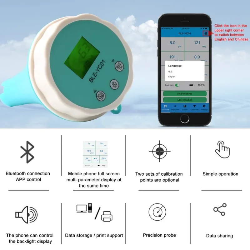 Bluetooth-compatible PH Meter Digital PH Tester 6-in-1 PH/TDS/EC/CL/ORP/Temp Meter High Accuracy Water Quality Tester