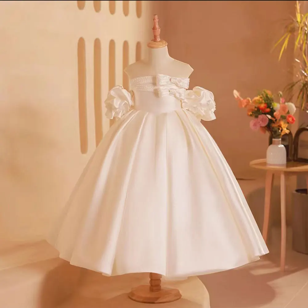 

Jill Wish Elegant White Girl Dress Bow Satin Arabic Princess Kids Birthday Wedding Guest Party Ball Gown Communion 2025 J250