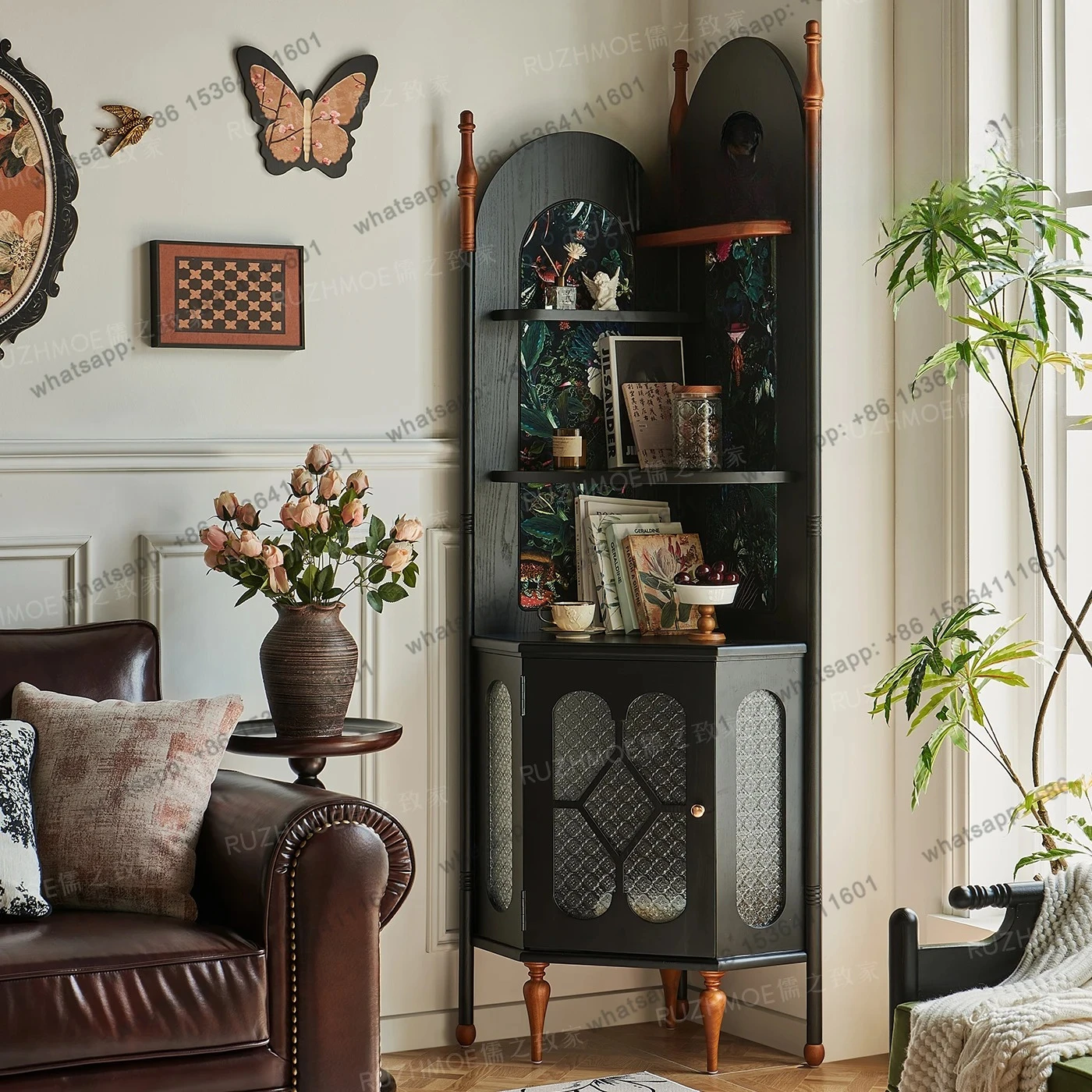 

French retro solid wood corner cabinet against the wall antique small apartment living room storage bookcase high-end