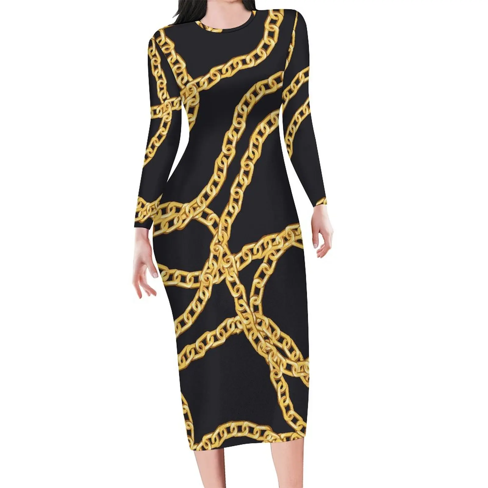 Golden Chain Dress Long Sleeve Links Print Korean Fashion Dresses Autumn Sexy Bodycon Dress Women Graphic Oversized Vestido