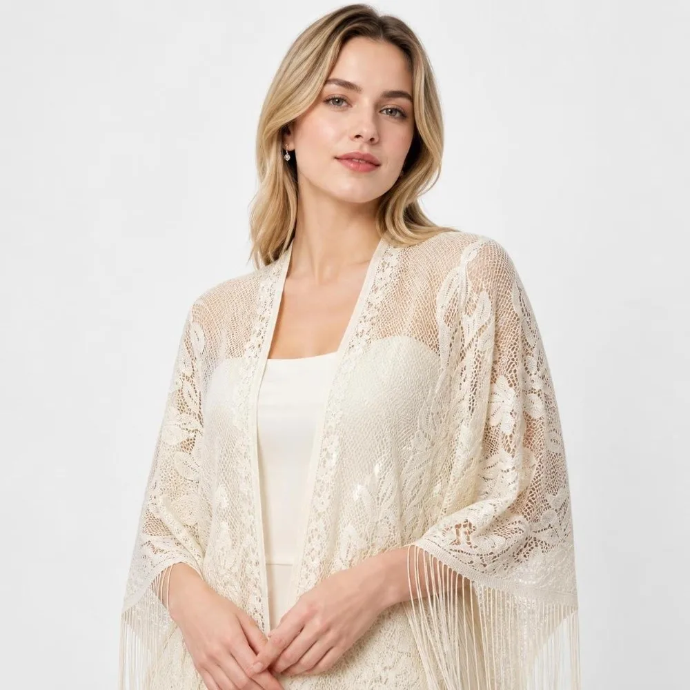 Floral Embroidery Women Lace Scarf With Tassels Transparent Mesh Triangle Shawl Lightweight Tulle Evening Prom Cape Evening Wear