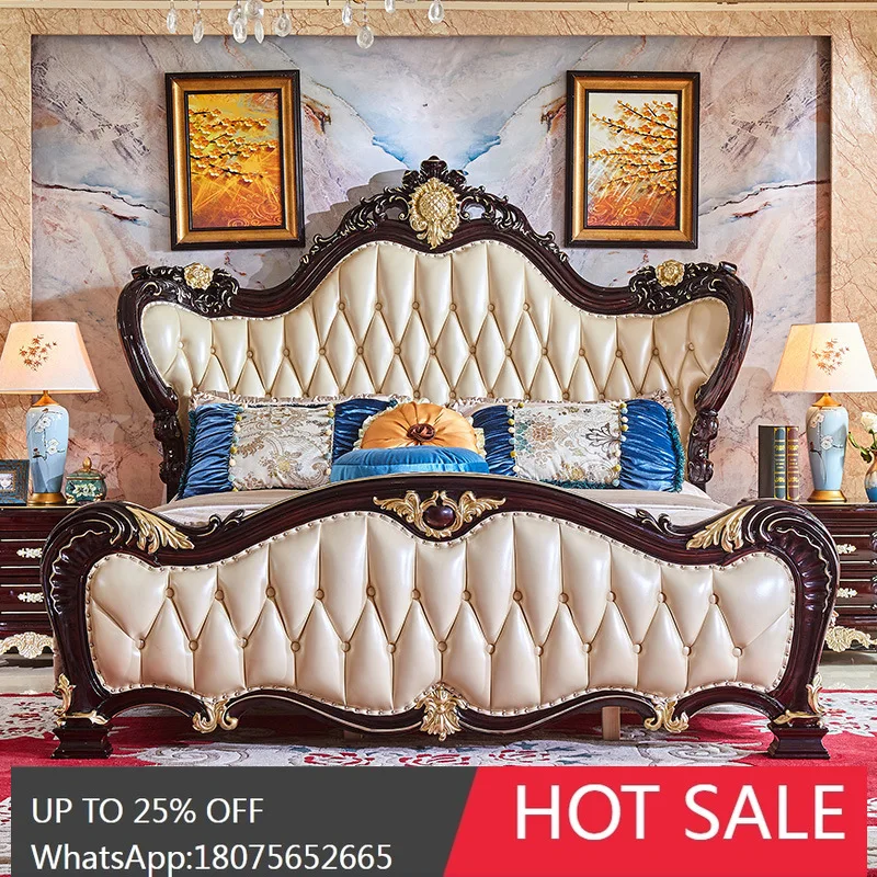 

MJY American Style Bed Solid Wood Genuine Leather European Style Master Bedroom Furniture Luxury Bed