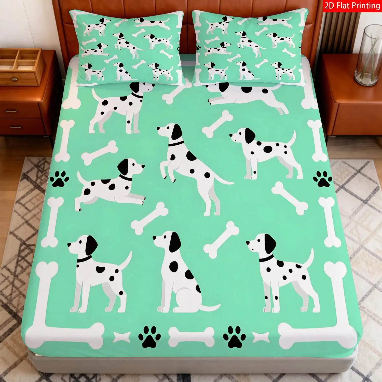 Digital Print Bed Sheet Set, 2D Flat Print Bed Sheet with Cute Dalmatian Dog and Bone Patterns, Animal-Themed Bedding. Large Capacity Deep Pocket 2D Print Bed Sheet and 2 Pillowcases, Bedding Mattress Protector. Elastic-Fitted Bed Sheet Style, Protective Cover, Mattress Protector, Suitable for All Seasons, Machine Washable Design, Holiday Decoration, Various Sizes, Breathable Protective Cover with Pillowcases