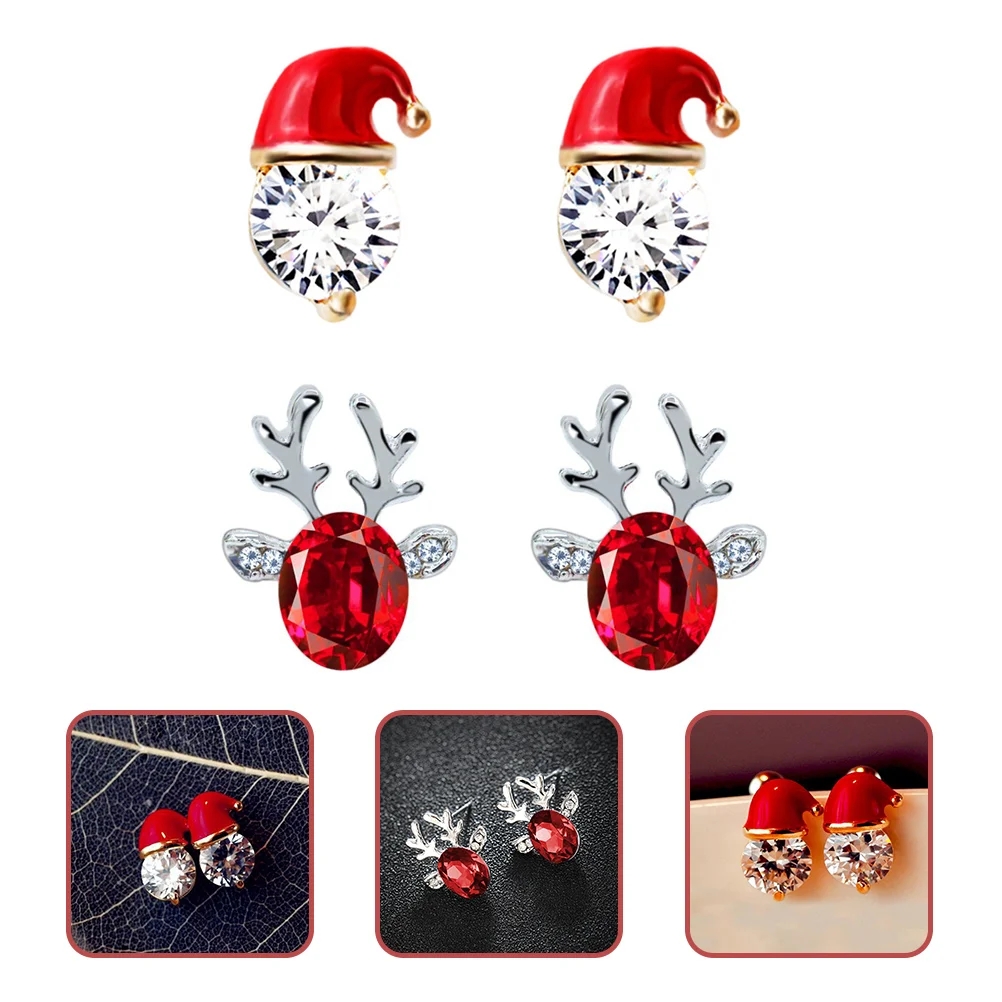 2 Pairs Santa Claus Hat Christmas Earrings Gift Deer Antler Elk Stud for Women Miss