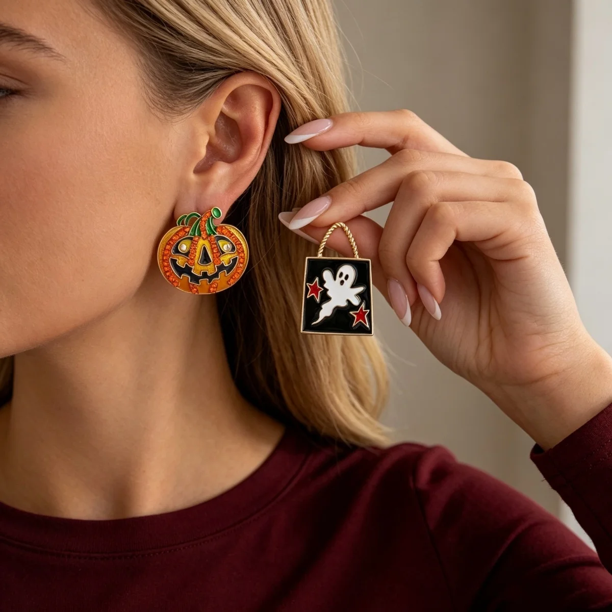 Halloween-Ohrringe mit Strass, Kürbis, Stern, Geist, asymmetrische Ohrstecker für Damen und Herren, Gothic-Mode, Kürbis-Ohrringe, Cosplay-Schmuck – Detail 4