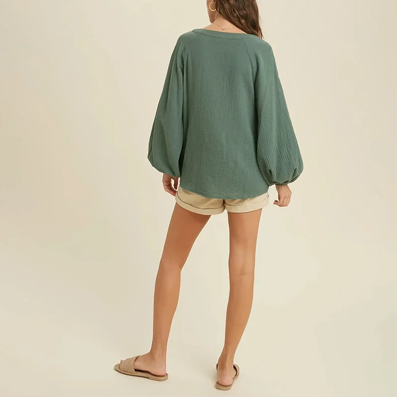 Muslin 100% Cotton Gauze Long Sleeve T-Shirt For Women Sexy V-Neck Chic Elegant Shirts And Blouses Youthful Woman Clothes