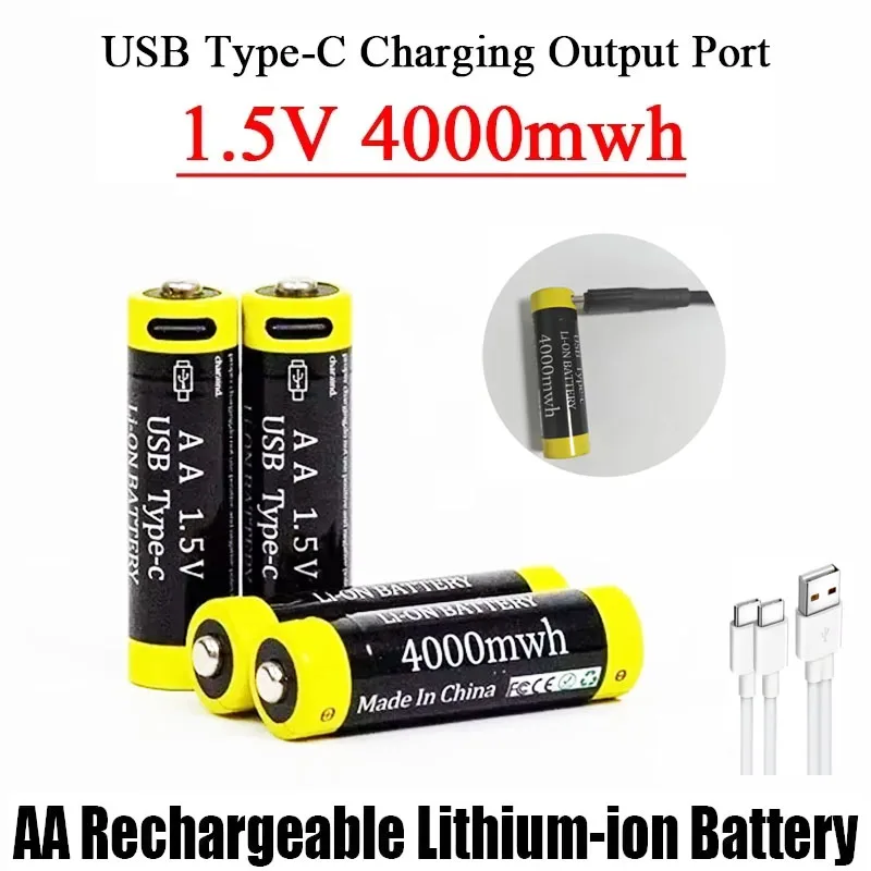 4000mWh 1.5V AA Battery Rechargeable Li-ion Battery for Mouse Remote Control Small Fan Electric Toy Batteries USB Type-C Cable