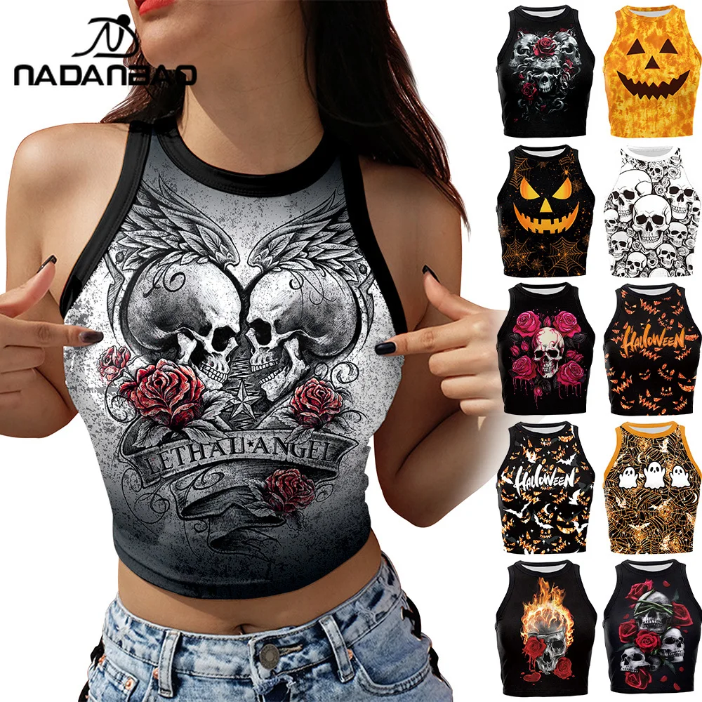 Nadanbao Women‘s Halloween Crop Tops 3D Digital Printed Sleeveless Shirts Lady Y2K Gothic Tank Top Fashion Summer Party Vest