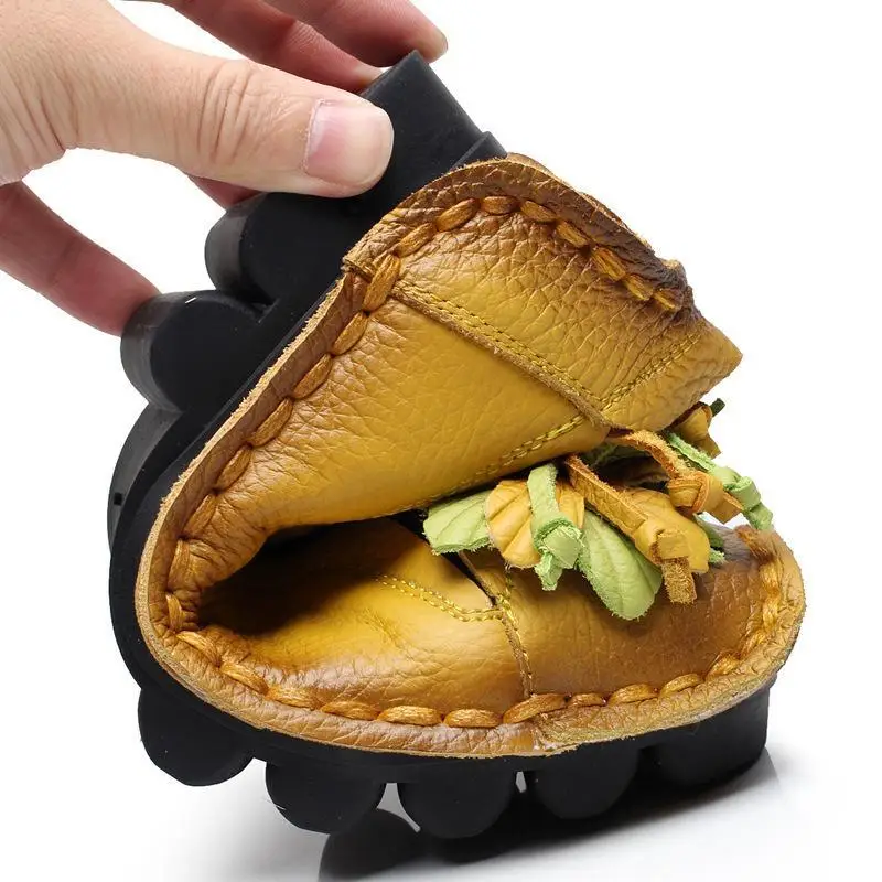 Genuine Leather Ballet Flats Women\'s Slip On Loafers Vintage Handmade Flower Soft Muffin Platform Casual Walk Dress Shoes Woman