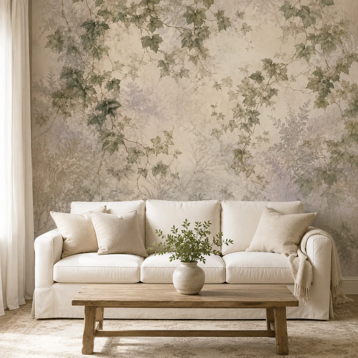 Vintage Ivy Botanical Wallpaper Mural Beige Green Forest Leaves Wall Art Living Room Decor Non Self Adhesive Glue Required