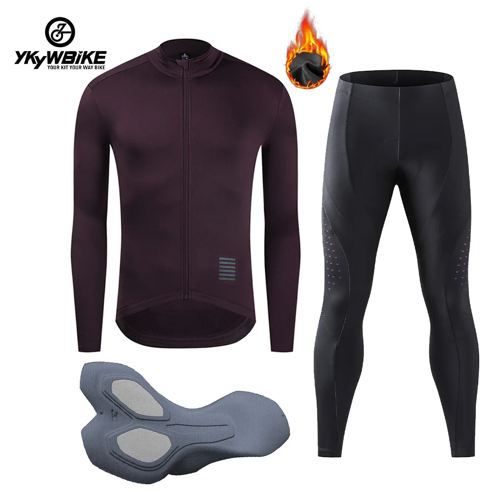 Ykywbike Winter Men Cycling Jacket Sets Bike Jersey Suit Tights Thermal Fleece Pants Bicycle Outfits MTB Long Sleeve Warm