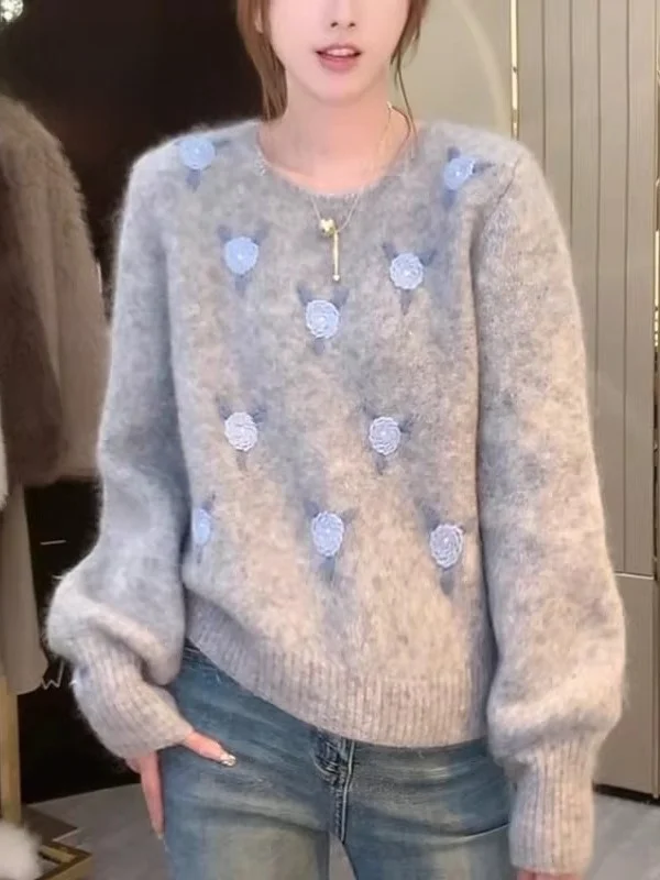 

Loose Korean Style Women's Long Sleeve round Neck Sweater Embroidered Lace Spring New Arrival Slimming Effectiveness