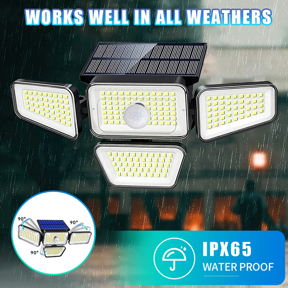 

270 LED Solar Wall Light 4 Heads 3000LM 270° LED Street Light IP65 Waterproof Solar Panel Remote Control PIR Motion Sensor Lamp