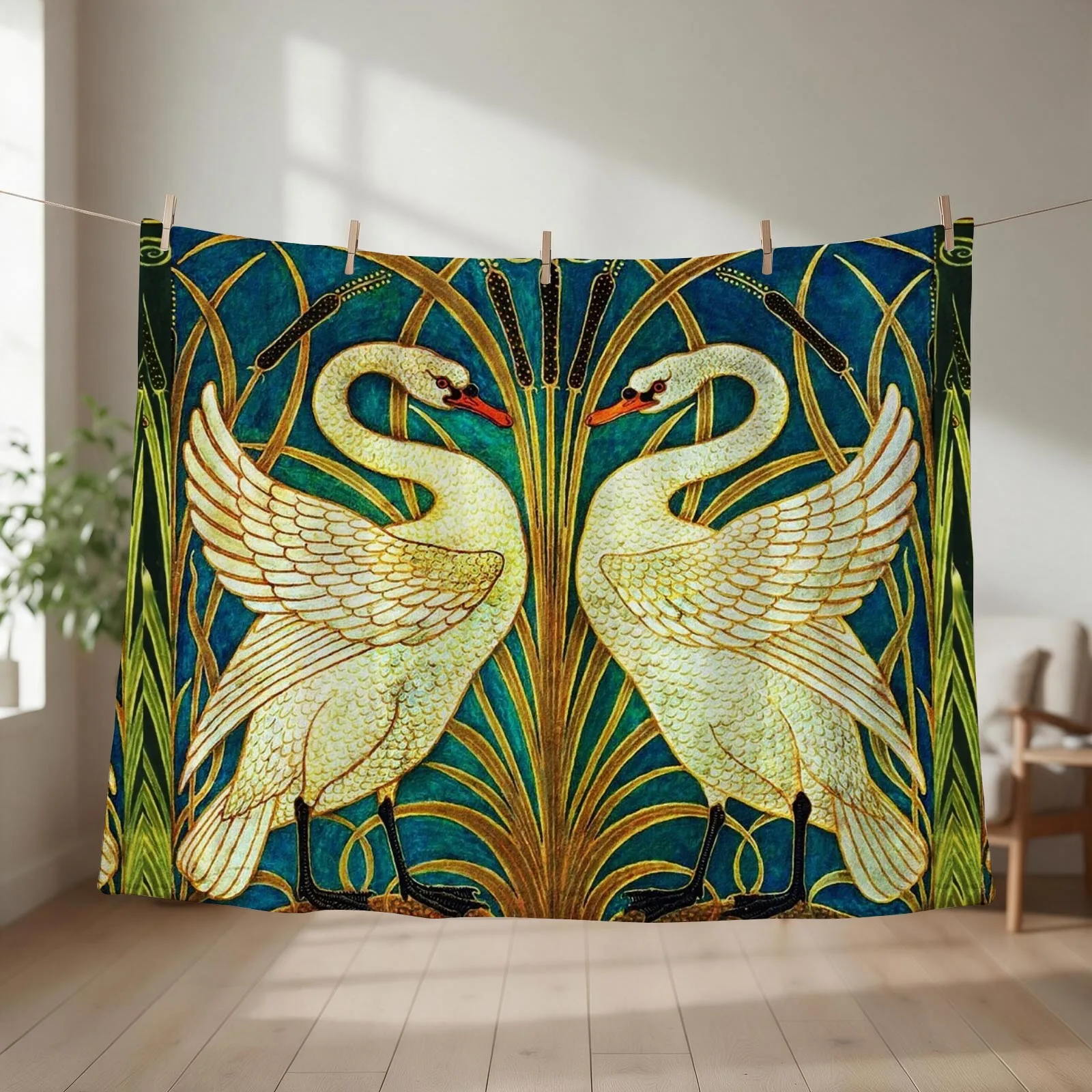 TWO WHITE SWANS AMONG REEDS IN BLUE Art Nouveau Animals Throw Blanket Shaggy Designers Sofa Quilt cosplay anime Blankets