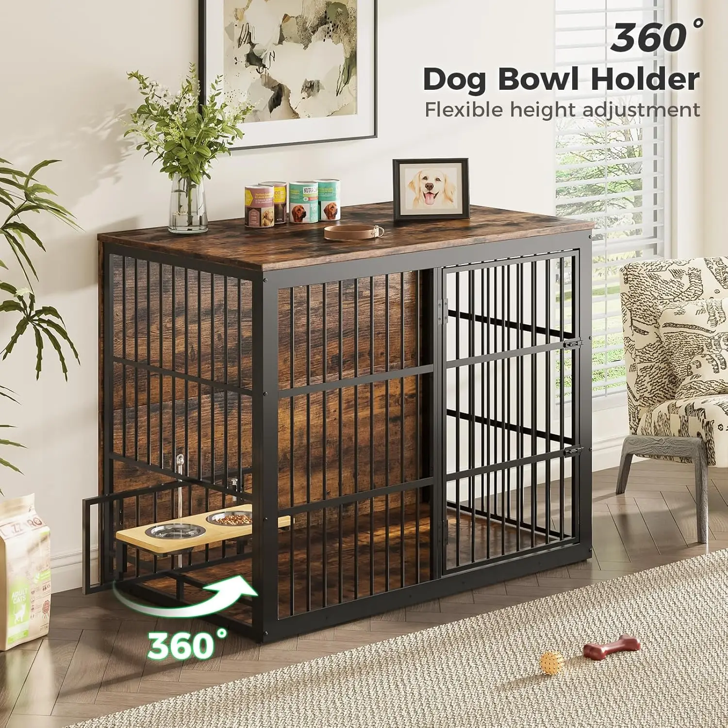 Indoor Use, Brown Wooden Dog Crate with Rotating Feeder, Heavy Duty for Medium to Large Dogs