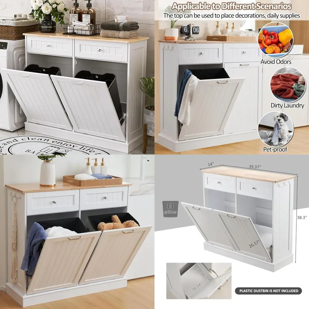 

Double Tilt-Out Trash Can Cabinet with 2x13 Gallon Recycling and Hideaway Drawer for Kitchen Storage