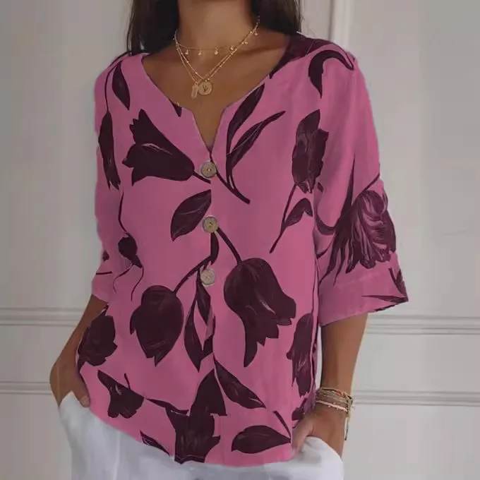 Camisa holgada informal de moda coreana para mujer, Top con dobladillo estampado de tres cuartos, botones de Panel Irregular, novedad de verano 2024