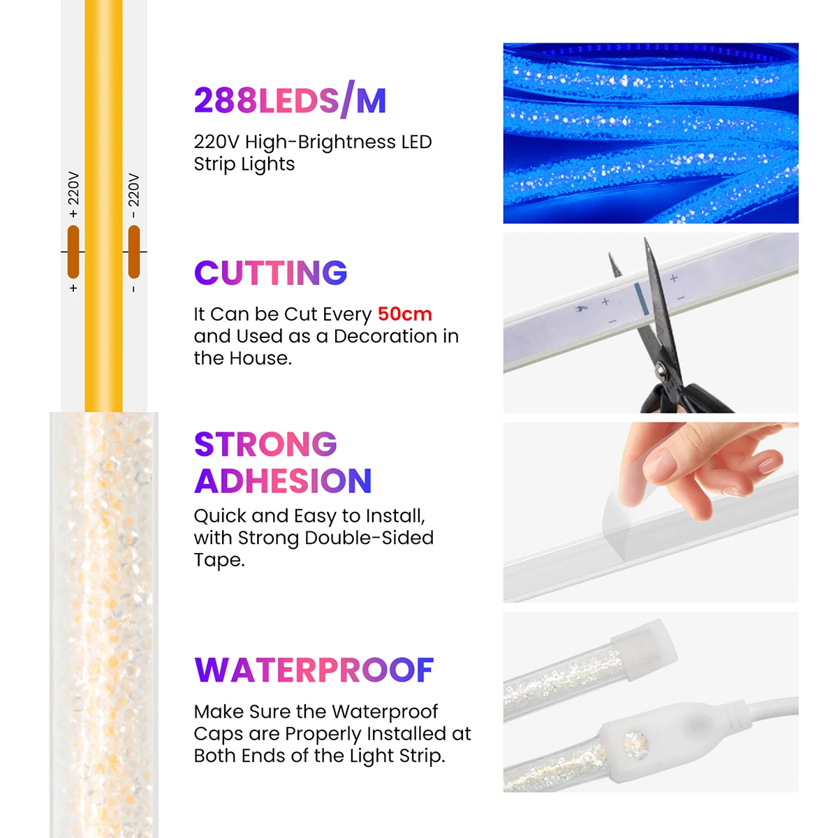Waterproof 220V COB Neon LED Strip Light Switch/Dimmer EU Plug  288LEDs/m IP65 High Bright Flex Tape Home Garden Backlight Decor