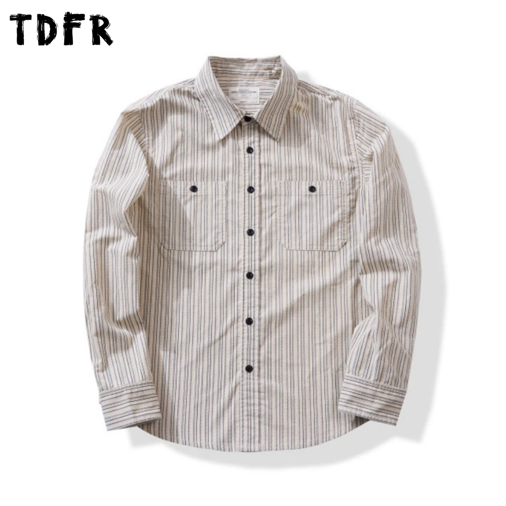 Retro Striped Corduroy Long Sleeve Shirts Mens Pocket Autumn Single Breasted Lapel Round Hem Shirts Man