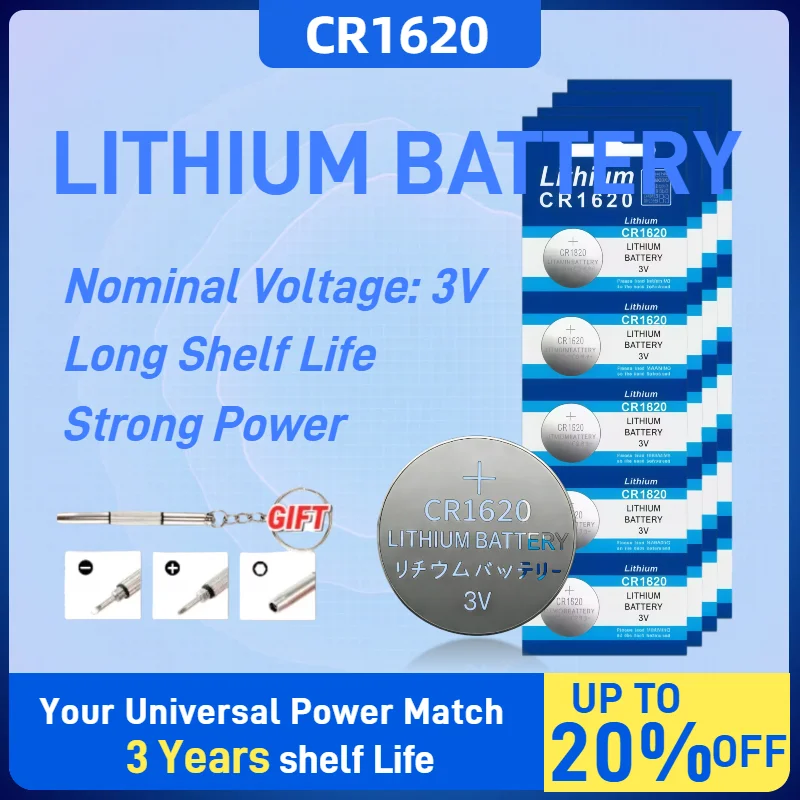 

Литиевая батарейка CR1620 3В 60мАч, кнопочная, срок хранения 3 года, для часов, пультов, калькуляторов, бесплатных инструментов