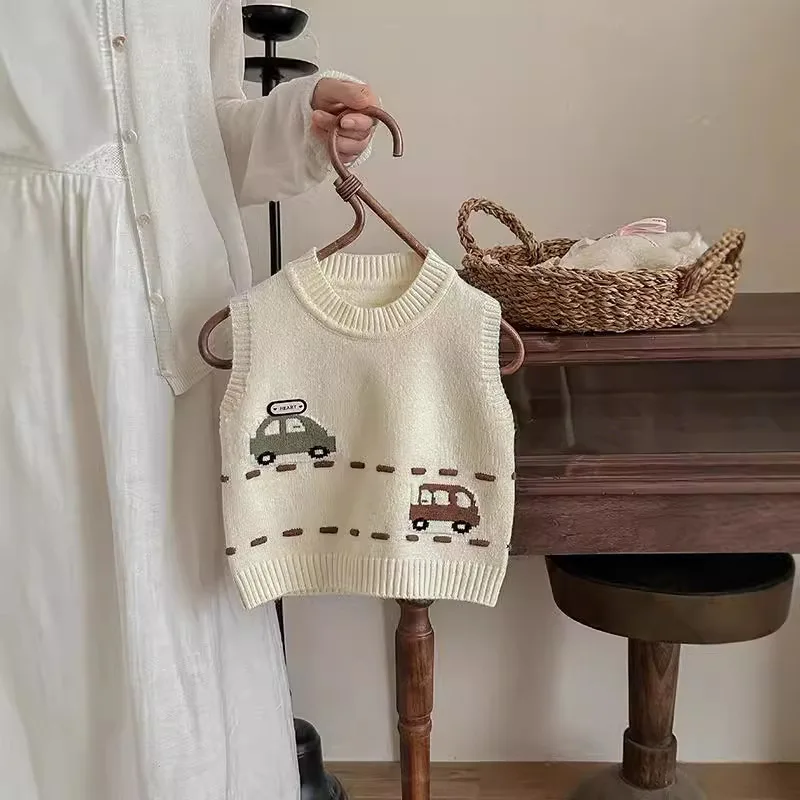 Autumn and Winter Cartoon 2026 Boys' Knitted Sweater Vest Korean Children's Clothing Boys' Baby Pullover Warm Sweater